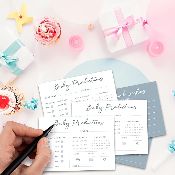 Baby Predictions and Advice Cards, 5" x 7" Blue Baby Shower Predictions Cards, Daily Party Games & Activities Favors for Newparents - G06