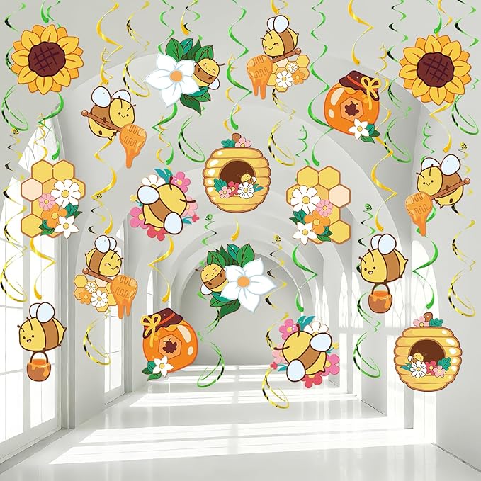 Bumble Bee Hanging Swirl Decorations, 48Pcs Bee Party Swirls Ceiling Streamers for Spring Summer Themed Party Supplies