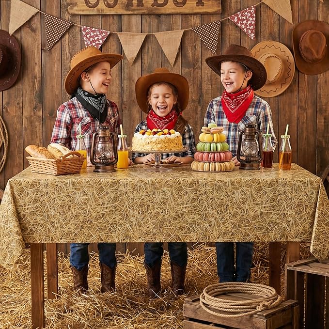 3 Pack Straw Plastic Tablecloth, 54 x 108 Inch Disposable Farm Hay Tablecloths Waterproof Rectangle Western Birthday Theme Table Cover for Cowboy Western Barn Birthday Baby Shower Party Supplies