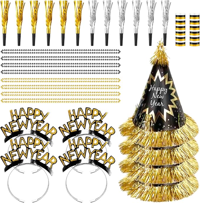 New Years Eve Party Supplies 2026 30PCS Happy New Years Decoration Hats Headband for 2026 Party Props Festival Decorations Count Down NYE Party Supplies Favors (Glod Black)