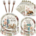 Rakuto Book Themed Party Decorations, 96PCS Vintage Book Club Paper Plates and Napkins Birthday Decoration, Reading Library Bookworm Forks Decor Supplies for Birthday Baby Shower Serve 24