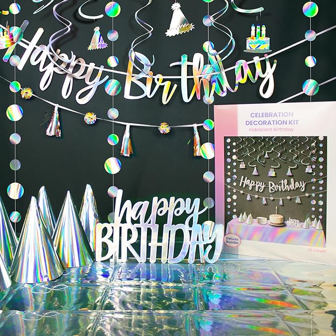 28-Piece Iridescent Birthday Party Decoration Kit – Happy Birthday Banner, Hanging Swirls, Garlands, Table Centerpiece, Tablecloth & Cone Hats for a Shimmering, Photo-Ready Celebration