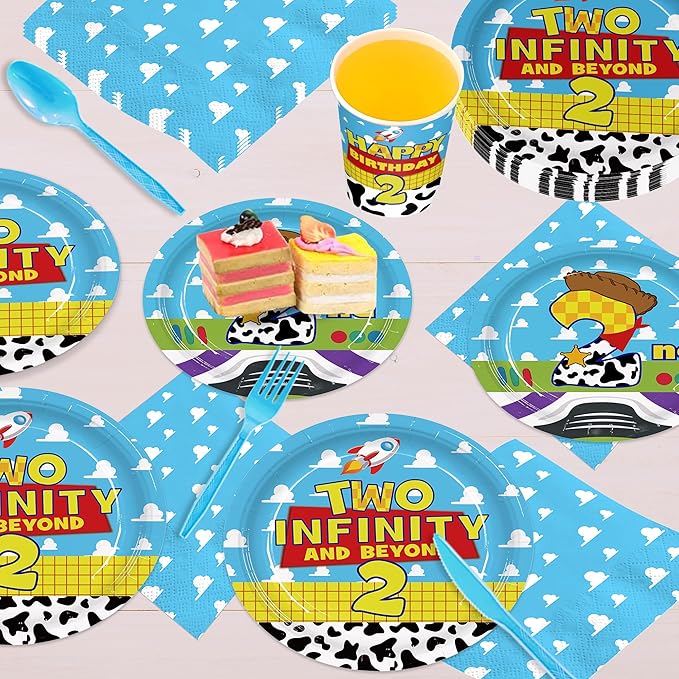 168Pcs Cartoon Story 2nd Birthday Paper Plates Napkins Disposable Tableware Set Two Years Old Birthday Party Supplies for Boys Birthday Party Serve 24 Guests