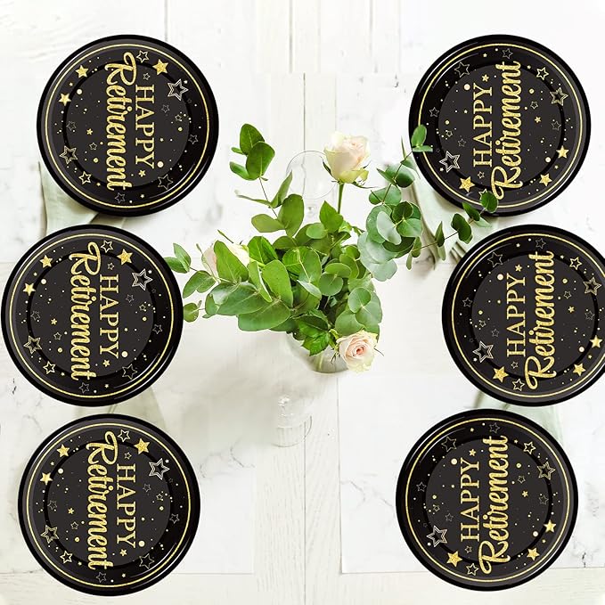 Wiooffen 48 Pcs Retirement Paper Plates Happy Retirement Party Supplies Decorations Disposable Dessert Plates Decorations Black and Gold Retired Plates Graduations Tableware for Men Women