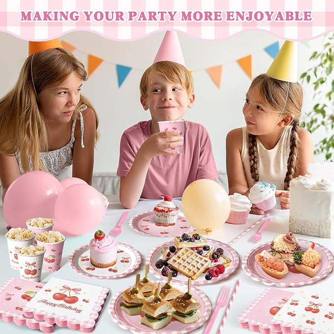Pink Bow Cherry Birthday Party Supplies - 300 Pcs Disposable Dinnerware Set Serves 50 - Includes Paper Plates, Napkins, Cups, Straws, Forks - Coquette Aesthetic Party Decorations for Girls Women
