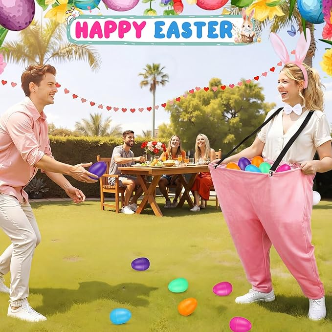 Vinsot 16 Pcs Easter Granny Pants Yard Game Set Oversized Granny Pants with Colorful Easter Eggs, Bowtie, Bunny Ears and Tail, Outdoor Tossing Game Bunny Suit for Spring