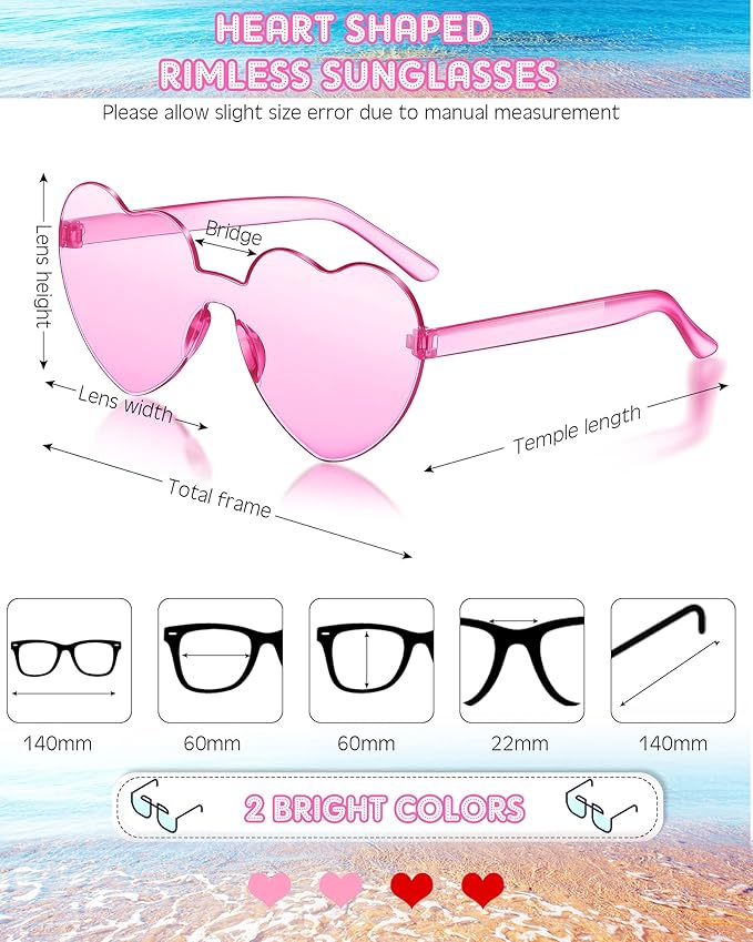 Frienda 8 Pairs Heart Shaped Sunglasses for Women Rimless Heart Glasses Candy Color Sunglasses for Party Favor