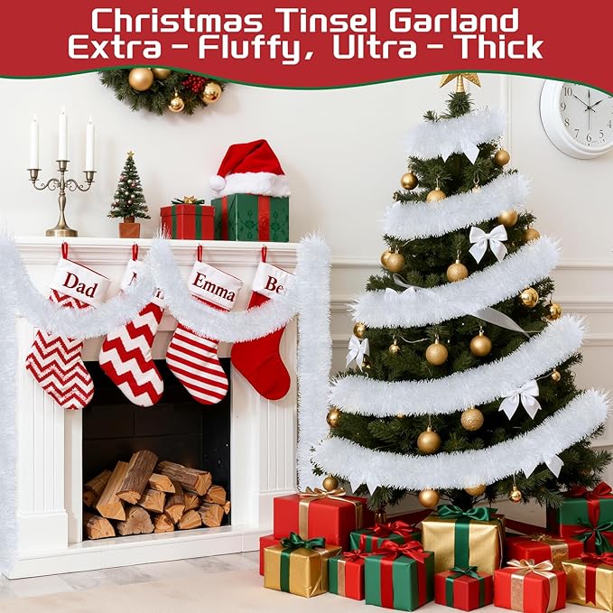50 Ft White Christmas Tinsel Garland, Thick Thin Metallic Twist Shiny Hanging Garland Ornaments Metallic Streamers for Xmas Tree Indoor Decor