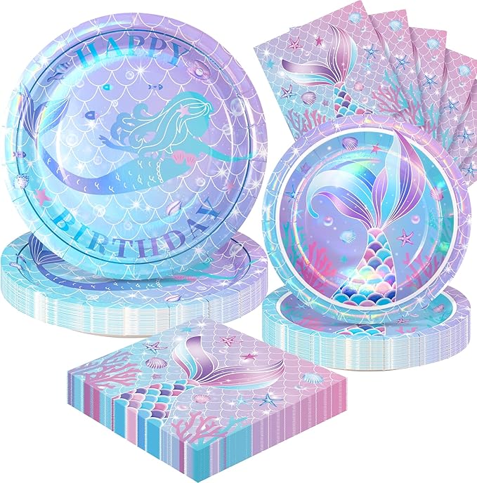 72PCS Mermaid Birthday Plates and Napkins, Set of 24 Disposable Paper Plates for Sea Themed Birthday Party Decorations, Mermaid Themed Party Supplies