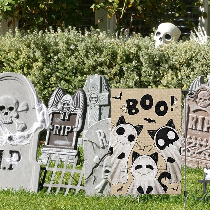 Heyfibro Ghost Black Cat Halloween Garden Flag 12x18 Inch Double Sided Cute Boo Yard Flag Burlap Spooky Small Halloween Flags for Outside House Yard Farmhouse Holiday Decoration