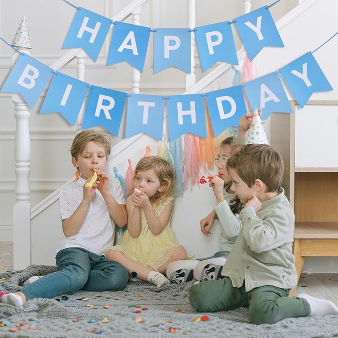 Blue Happy Birthday Banner - Mixed Blue Hanging Backdrop Sign with White Letters, Happy Birthday Sign Bunting Decorations for Women men Kids Baby Shower Party Supplies (13pcs)