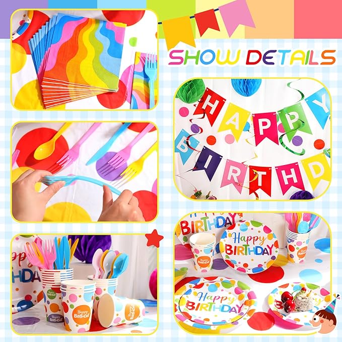Zhehao Serves 129 Pcs Happy Birthday Party Supplies Set with Plates Napkins Cups Cutlery Rainbow Dot Birthday Decorations Kit Banner Tablecloth Hanging Honeycomb Balls Garland for Birthday Party
