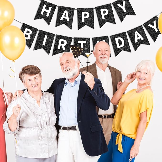 Hooqict Black Happy Birthday Banner Sign for Backdrop Black Birthday Decorations for Men Women Party Supplies Wall Door Banner Garland Bunting Flag