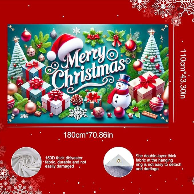 Christmas Banner Merry Christmas Snowman Gift Tree Backdrop Green Red White Holiday Wall Decoration Party Photo Prop Indoor Outdoor Scene for Home Office 71 X 43 Inches