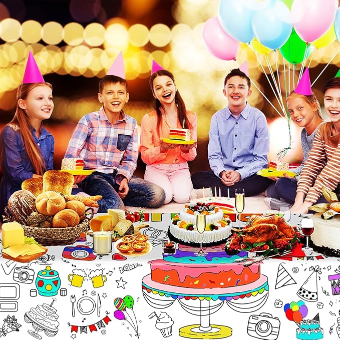JUNQIU Happy Birthday Coloring Tablecloth, 72 * 31Inch Giant Coloring Poster for Kids, Color Paper Roll for Party Activities/Game/Birthday Party Games/Birthday Crafts for Kids