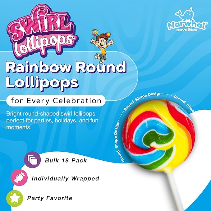 Rainbow Round Lollipops Swirl 18 PCS - Bulk Swirl Lollipops Candy Suckers Treats - Swirly Lolipops Candies for Birthdays Party Favors and Goodie Bags - Easter Basket Stuffers for Kids