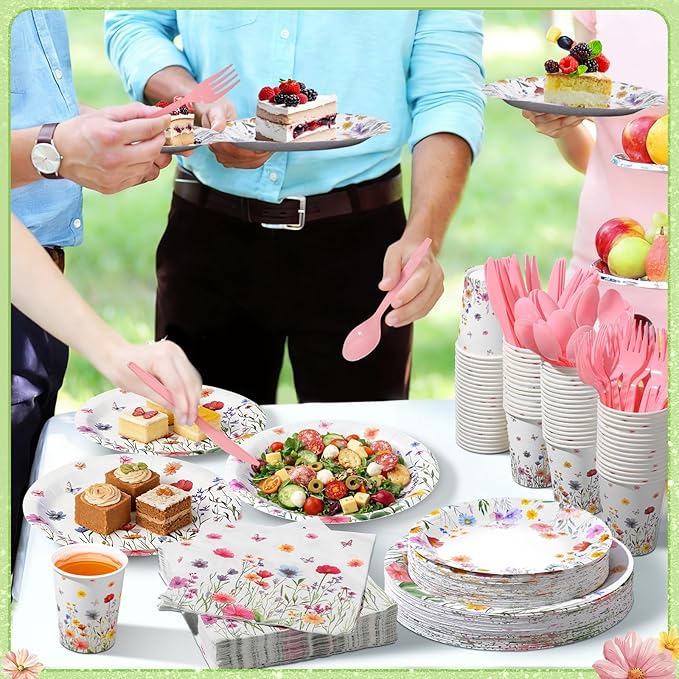 400 Pcs Wild Floral Disposable Paper Plates Napkins and Cups Serve 50 Watercolor Floral Tableware Set for Spring Wedding Tea Party Decoration Bridal Baby Shower (Pink Color, Gentle Style)