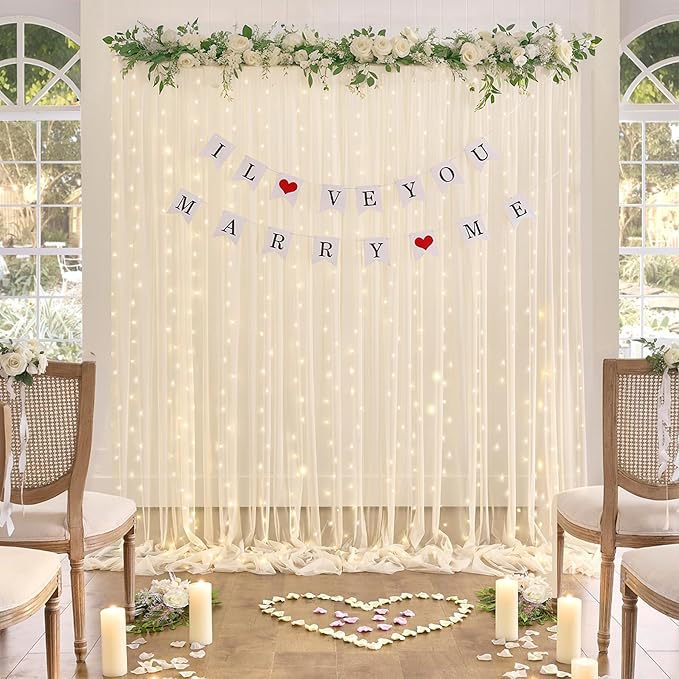 20×12ft Champagne Tulle Backdrop Curtain with Lights String for Parites Sheer Fabric Backdrop Curtains for Wedding Baby Shower Birthday Party Backdrop Drapes Photo Shoot Background 4 Panels 5ft×12ft