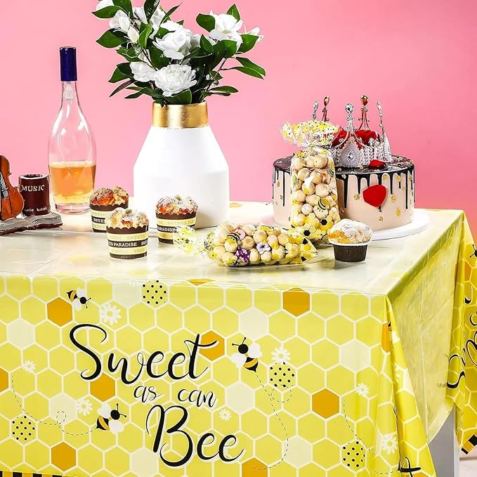 Tatuo 1 Packs Bee Plastic Tablecloths - 54 x 108 Inches Sweet as Can Bee Decorative Table Cover Honey Party Tablecloth Set for Birthday Baby Shower Gender Reveal Party Decorations