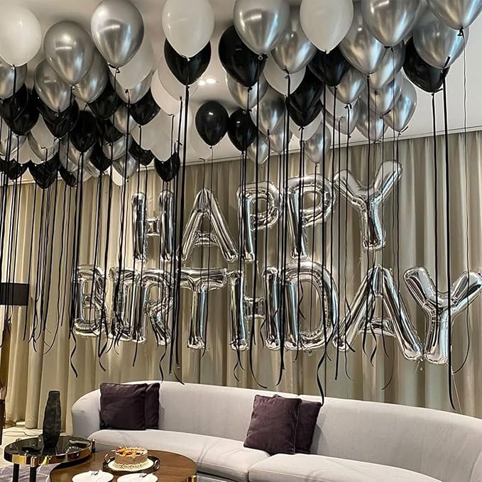 Black and Silver Balloons Garland Arch Kit 144pcs 18/12/10/5inch Black and Metallic Silver Latex Balloons for Birthday Graduation Wedding Retirement Anniversary Baby Shower New Years Party Decorations
