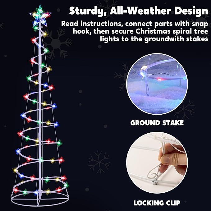 JOIEDOMI 3 Pack Spiral Christmas Tree Lights, 218 LED Outdoor Lighted Tree with Star Topper & Stakes, Christmas Decorations for Yard Porch Patio Garden Holiday Xmas Eve Night Décor, Multicolor