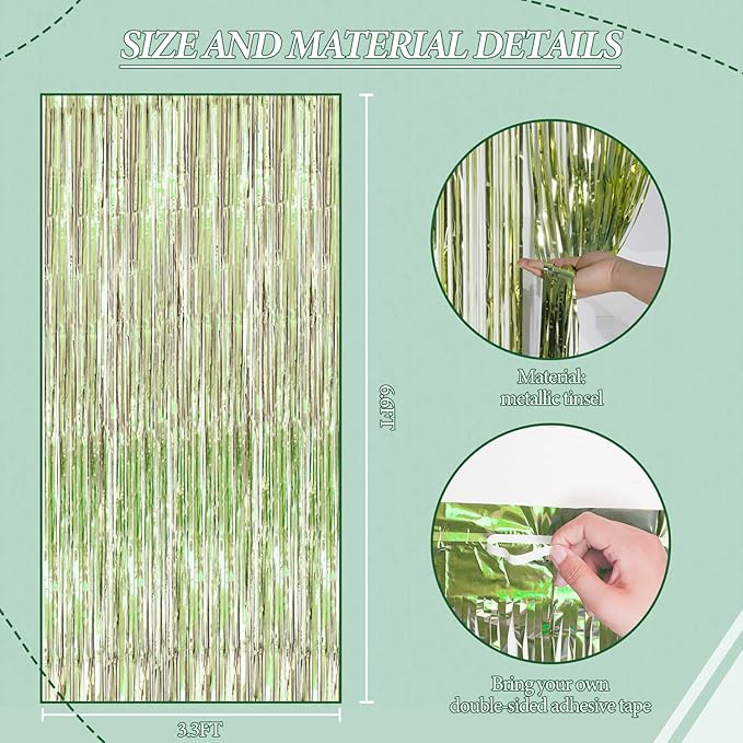 2 Pack Foil Fringe Backdrop - Light Green Shiny Tinsel Curtains for Party Decoration/Photo Booth Props - 3.3x6.6 FT Metallic Foil Backdrop for Birthday, Wedding, Graduation, Christmas.