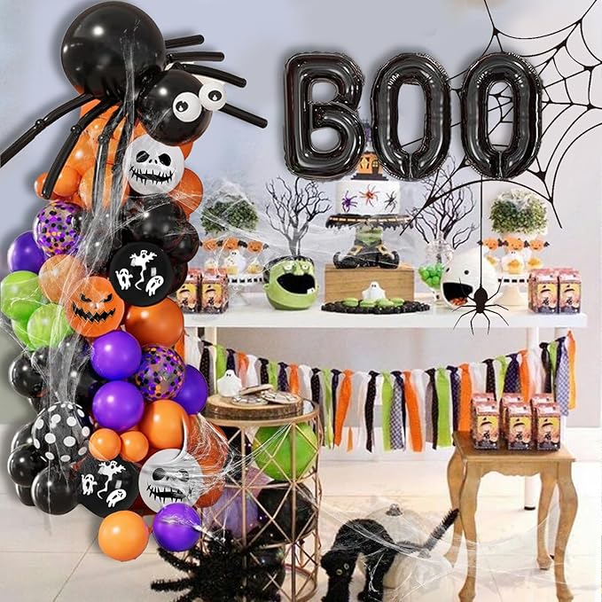 Halloween Spider Web Arch Kit - 136 Pcs Boo Banner Balloons, Spider & Confetti, Indoor/Outdoor Decor