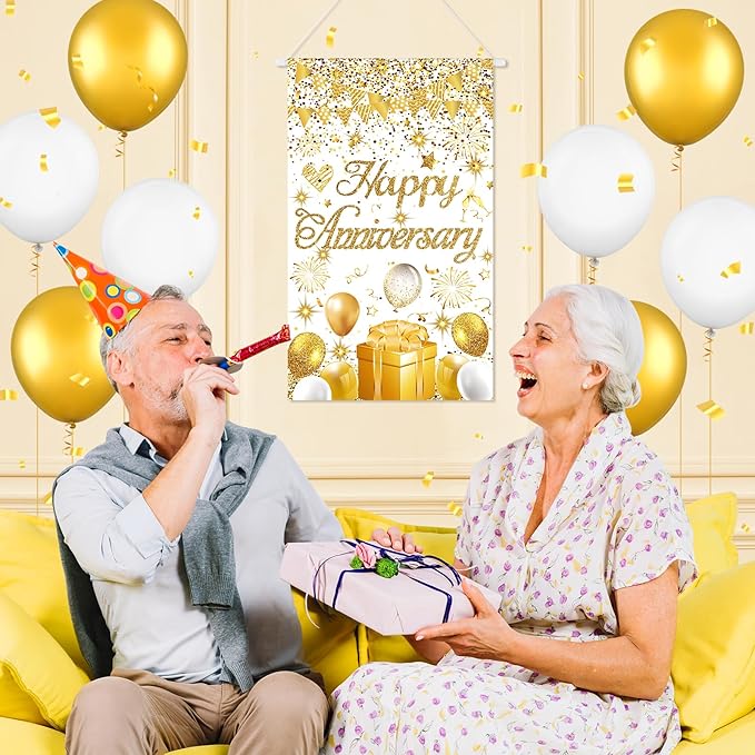 Anniversary Party Decorations White Gold Happy Anniversary Door Banner Sign Small Wedding Anniversaries Door Hanging Banner Porch Front Door Decor for Women Men Cruise Door Sign Supplies