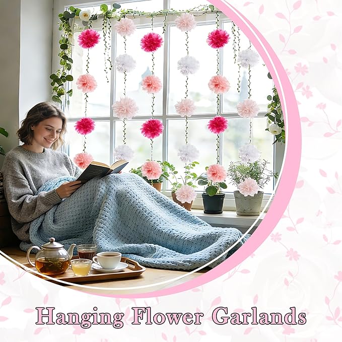 XIANNVXI Pink Tissue Paper Pom Pom Garlands Artificial Flowers Hanging Decorations 8.2ft Hanging Flowers Garland for Wedding Birthday Bridal Shower Party Spring Decorations 2PCS（Pink Gradient）
