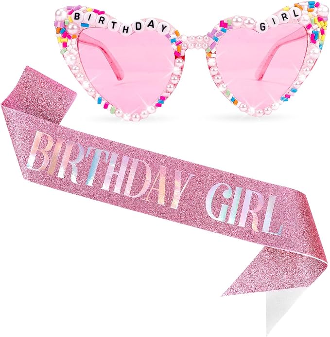 Birthday Girl Sash & Glasses Set, Pink Birthday Sash & Sunglasses, 'BIRTHDAY GIRL' Accessories for Women Girls