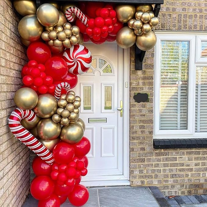 Red Christmas Balloon Garland Arch Kit, Christmas Red White Gold Balloons with Big Gingerbread Cane Windmill Star Mylar Foil Balloons, Metalic Gold Long Balloon for Happy Merry Decorations
