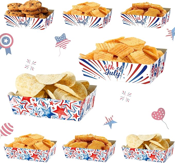 4th of July Paper Food Trays 24pcs Patriotic Red White Blue Disposable Snack Candy Holder Trays For Independence Day Theme Party Decorations