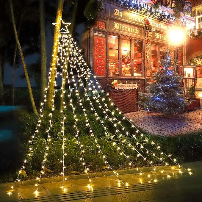 Christmas Decoration Lights, Outdoor Christmas String Lights 320 LED 11.5 Ft Waterfall Tree Light with Big Star Topper 8 Light Modes for Xmas New Year Holiday Garden Yard Indoor Outdoor Decor