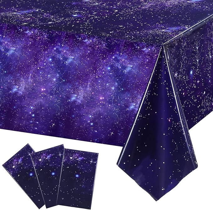 Tatuo 3 Pack Galaxy Plastic Table Cover Space Tablecloth Space Star Purple Nebula Rectangle Tablecloth Disposable Starry Night Sky Tablecover for Birthday Home Party Decorations, 54 x 108 Inch
