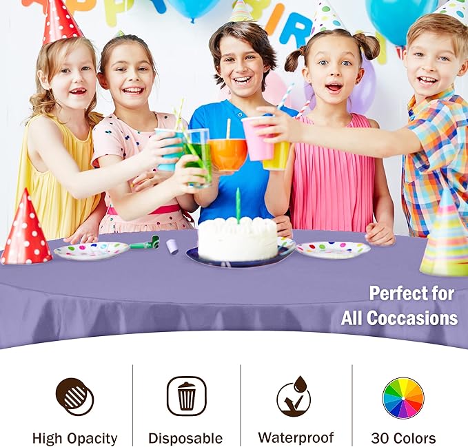 Exquisite Party Solids 6-Pack Premium Plastic Tablecloth 84in. Round Plastic Table Cover - Lavender