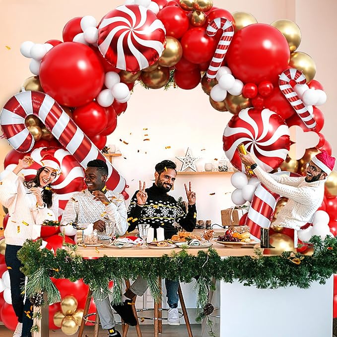 Christmas Balloon Garland Kit 142Pcs with Candy Cane Crutch Windmill Merry Christmas Foil Balloons Xmas Balloon Arch Red Gold White Balloons Decorations for Friendsmas Holiday New Year Party Supplies