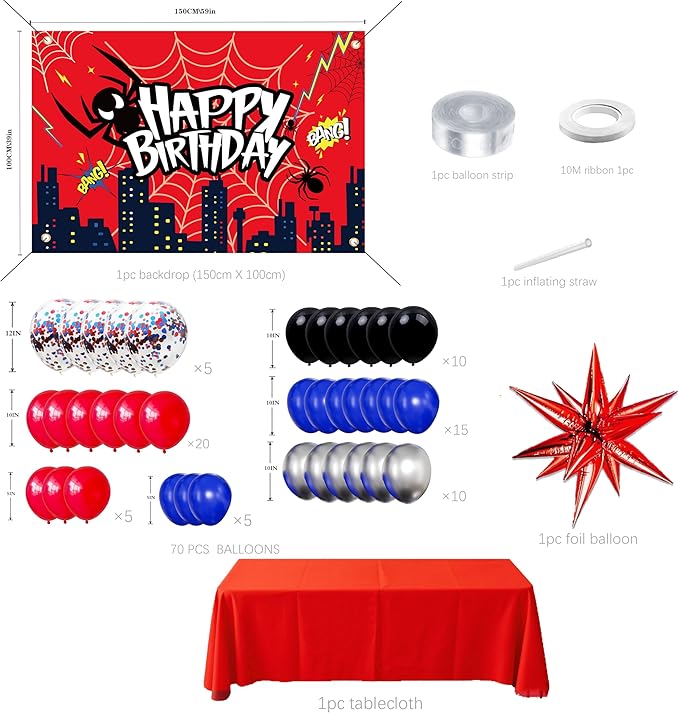 Red Theme Borthday Party Decorations Kit -Red Blue Black Latex Balloons Arch Garland with Web Backdrop for Boys Girls Kids