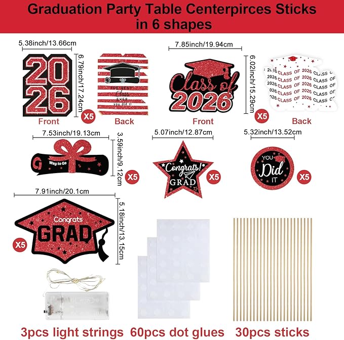 Graduation Decorations Class of 2026-30pcs Red and Black Graduation Table Centerpieces Sticks Table Toppers with Lights for College High School Congrats Grad Party Supplies