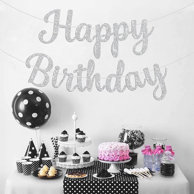 Glitter Happy Birthday Banner Sign Birthday Garland Wall Door Banners Flag for Women Men Boys Girls Party Backdrop Decorations Silver