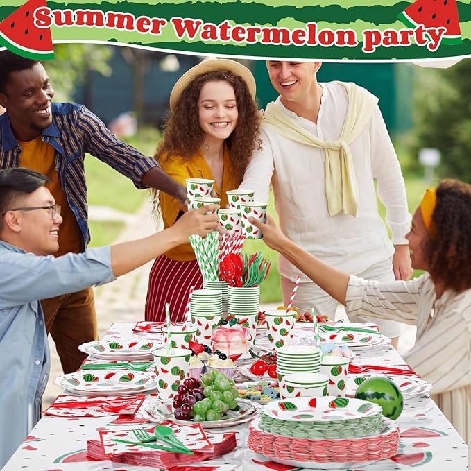Ceenna 452 Pcs Watermelon Birthday Party Supplies for 50 Guests, Cute Fruit Paper Plates Napkins Cups Tablecloth Cutlery Straw Disposable Tableware for Summer Birthday Baby Shower Party Decoration