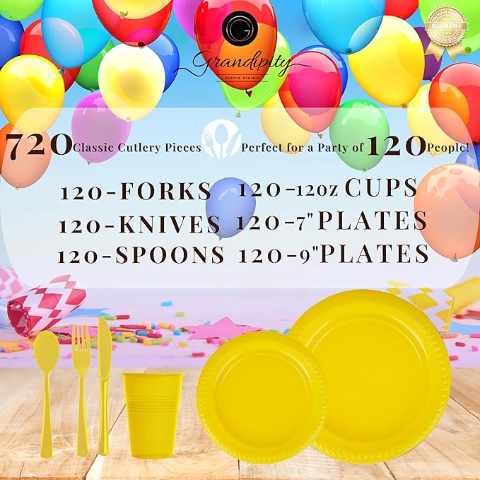 Grandipity 720 Piece Yellow Disposable Dinnerware Set, Plastic Dinnerware Set Includes 120 Count 9' Dinner Plates, 7' Dessert Plates, 12oz Cups, Forks, Knives & Spoons