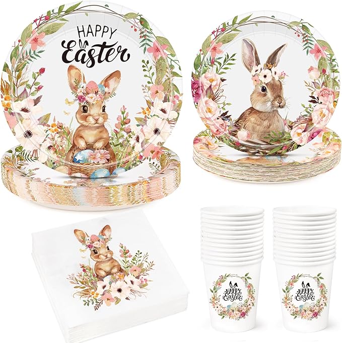 100Pcs Easter Party Decorations, Easter Tableware Set Serve 25 Guests 9" Dinner Plates 7" Dessert Plates 9OZ Paper Cups Napkins, Disposable Dinnerware Set, Paper Plate Bunny Egg Party Supplies