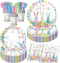 Easter Day Party Disposable Set for 24 Guests - Complete 9'' & 7'' Paper Plates, Napkins, Cups, Knives, Forks & Spoons | Perfect for Easter Brunch, Spring Gatherings, Holiday,Birthday