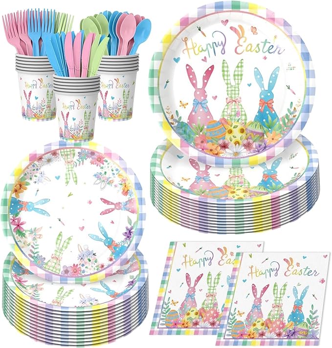 Easter Day Party Disposable Set for 24 Guests - Complete 9'' & 7'' Paper Plates, Napkins, Cups, Knives, Forks & Spoons | Perfect for Easter Brunch, Spring Gatherings, Holiday,Birthday