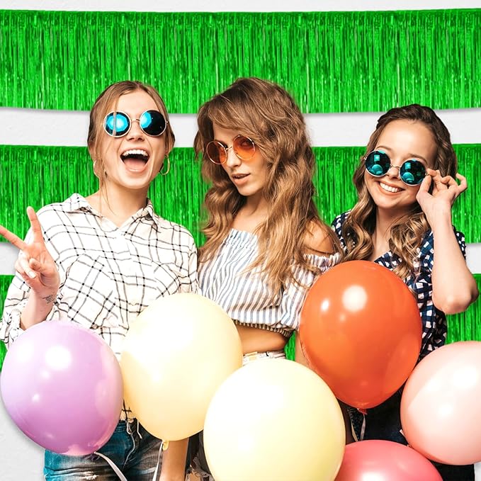 3 Pack 10 Feet Green Foil Fringe Garland Metallic Tinsel Streamers Banner Wall Hanging Curtain Backdrop for Parade Floats, Christmas Day, Thanksgiving, Birthday Party Decorations
