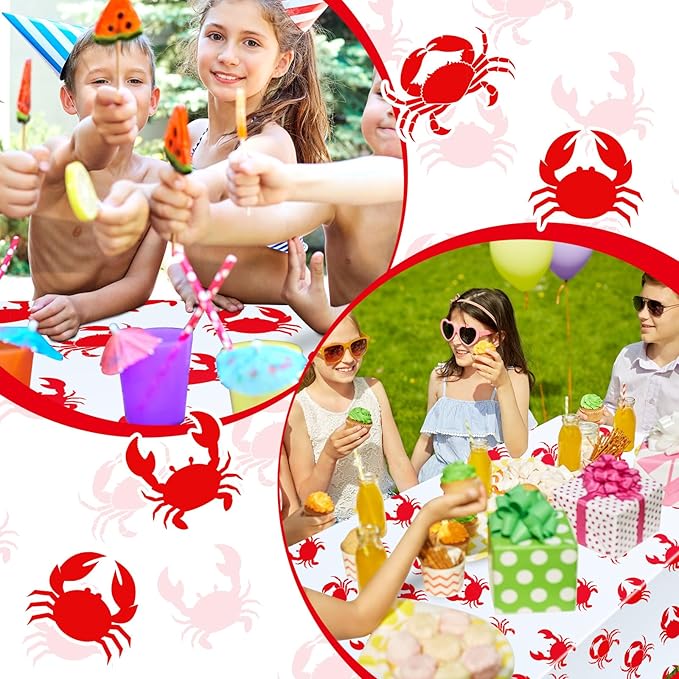 Juexica 2 Pcs 54 x 108 Inch Crab Boil Party Table Cloth Summer Seafood Party Supplies Plastic Crab Tablecover Decorations Rectangular for Sea Animals Dining Kitchen Centerpiece