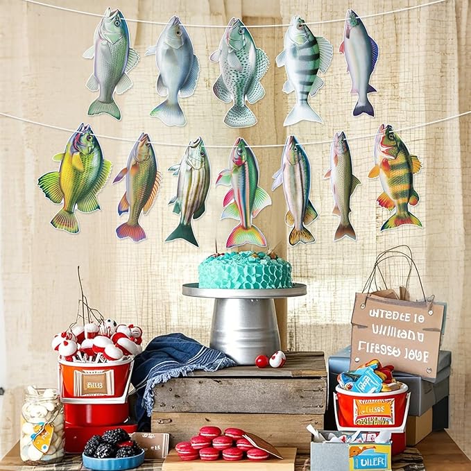 Hooqict Gone Fishing Hanging Banner Garland Fish Birthday Party Banner for Happy Birthday Decorations Fishing Theme Party Supplies Under The Sea Baby Shower Fathers Day Decorations