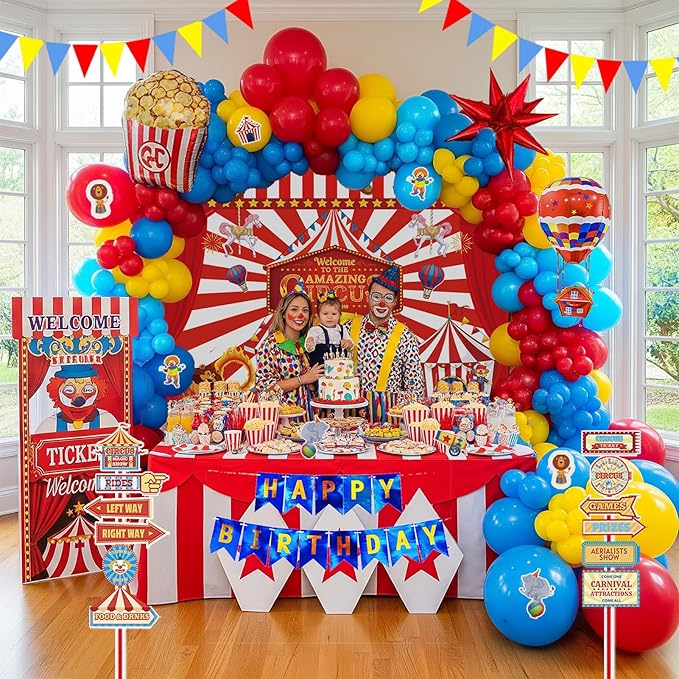 Circus Theme birthday party decorations & include red blue yellow balloon garland & foil hot air popcorn balloons & banner carnival road sign paper card background decor