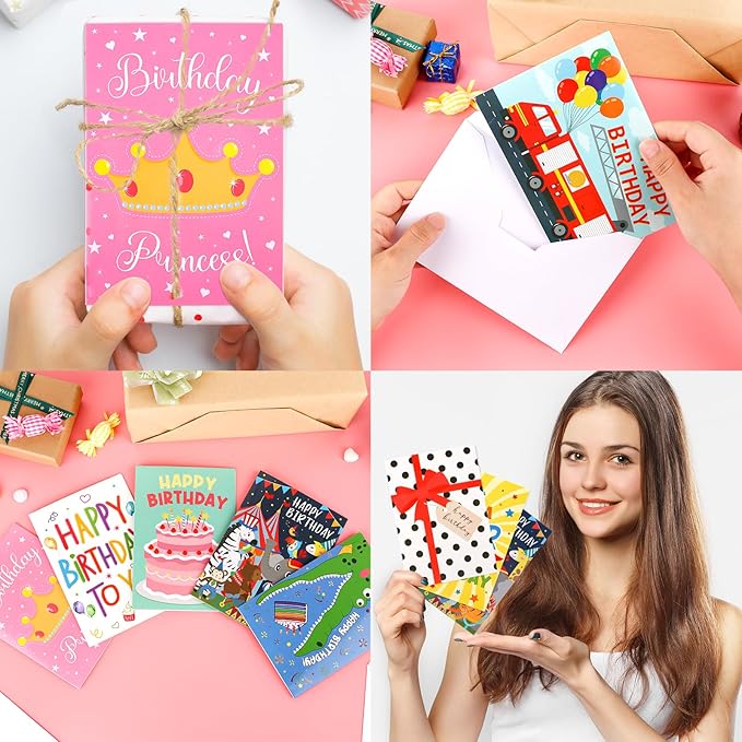 Hooqict Birthday Cards for Kids (4"x6") 10 Assorted Happy Birthday Cards with Envelopes and Greetings Inside (Carnival, Princess, Cake, Animals, Space, Gift Box, Balloons) for Boys Girls 1 2 3 4 5+