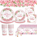 81 Pcs Happy Mothers Day Decorations Set, Includes Happy Mothers Day Dinner Paper Plates, Love You Mon Dessert Plates Napkins, Pink Tablecloth and Cups for Mother Days Party Supplies, Serves 20
